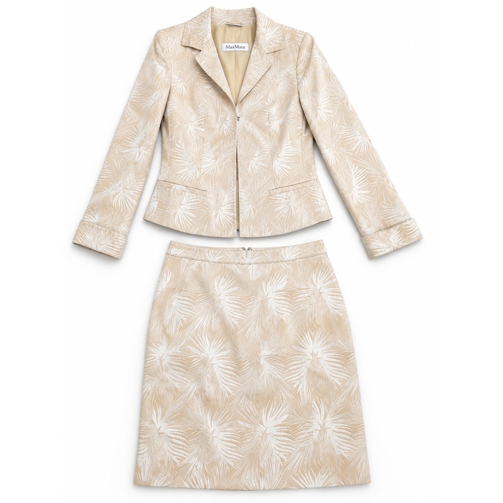 Max Mara Beige Palm Leaf Jacquard Skirt Suit Set Made in Italy Size 6